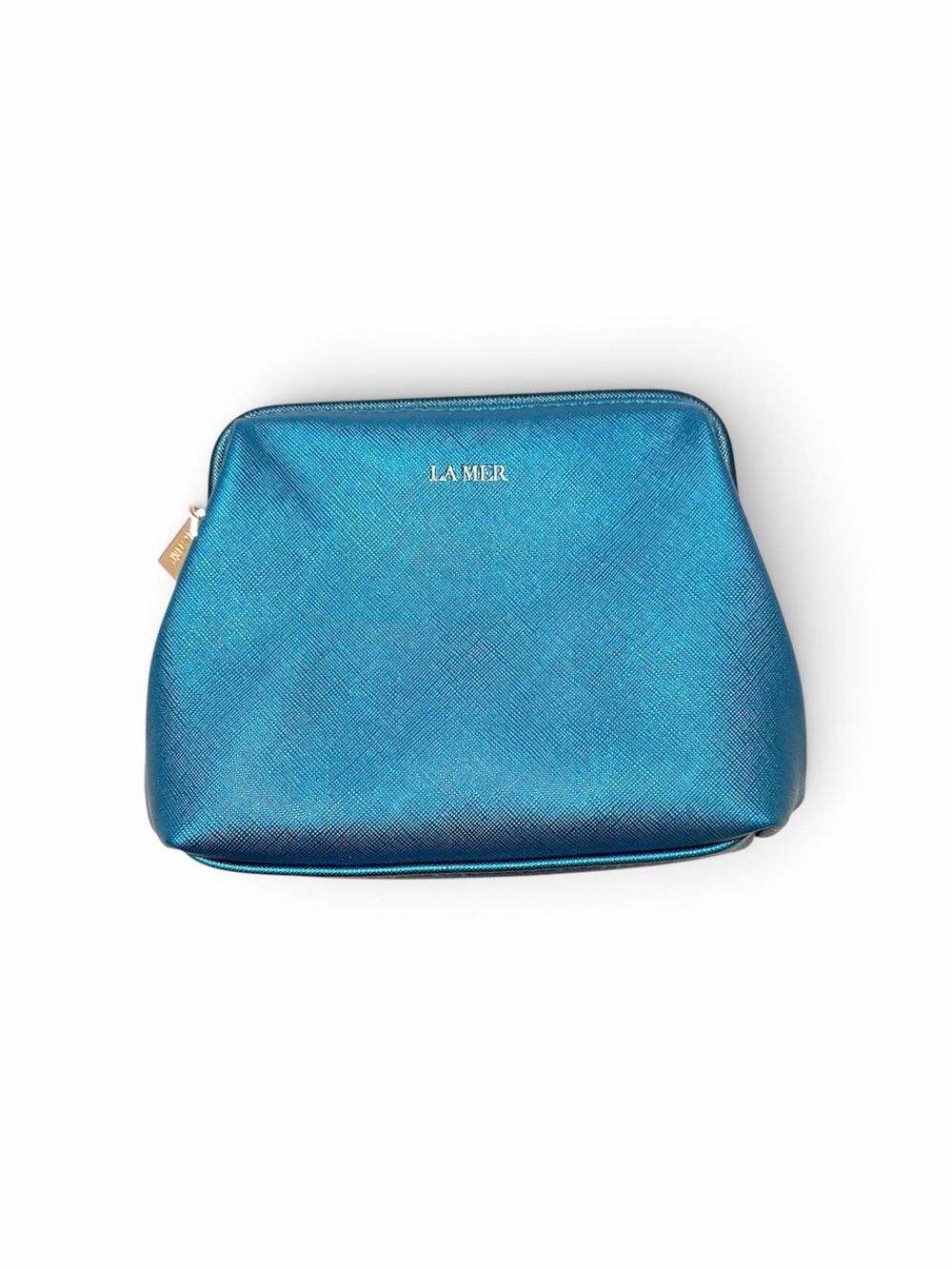 La Mer faux saffiano leather makeup bag, turquoise metallic color, zipper 6x5.5"